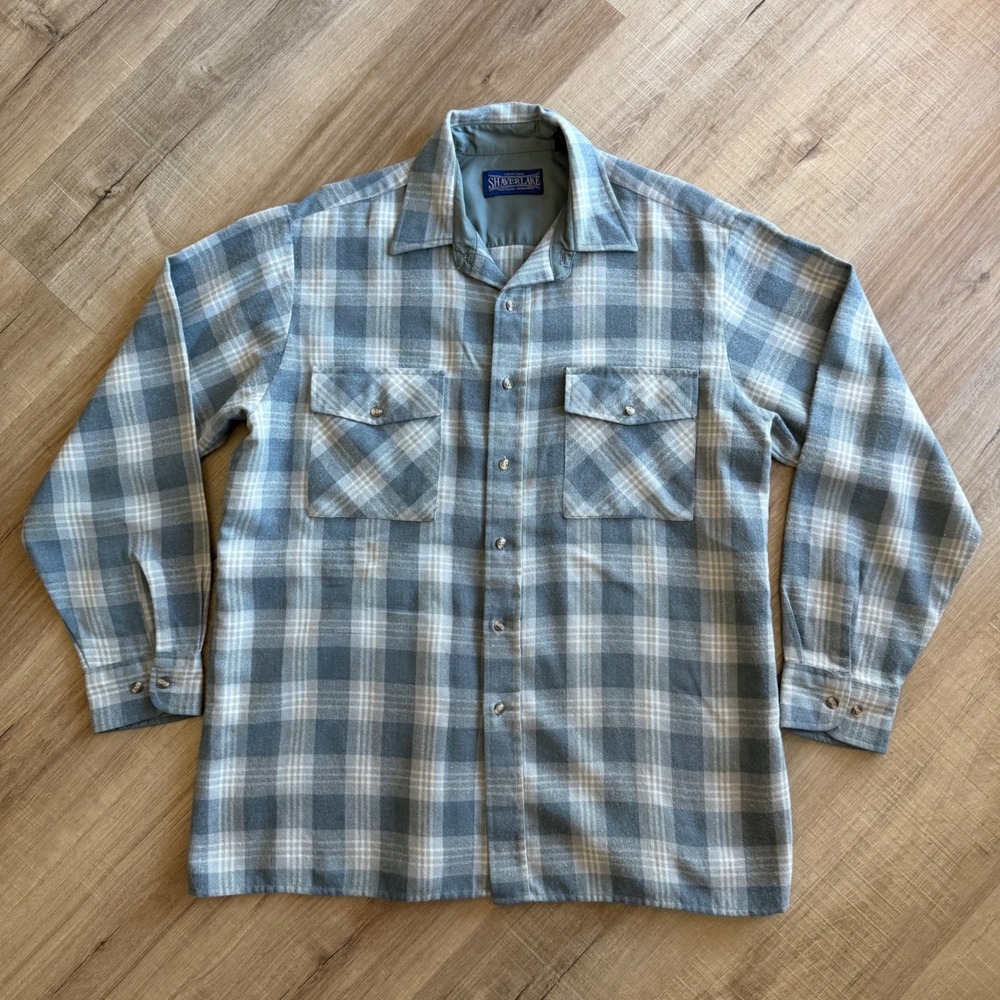 Shaver Lake Mens Large Blue Gray Plaid Flannel Button Down Shirt RN 27158
